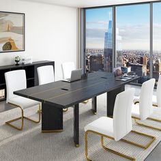 a large table with white chairs in front of a window overlooking a cityscape