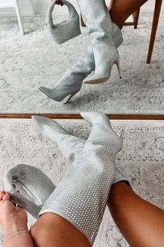 Overnight Fame Heeled Rhinestone Boots (Silver) · NanaMacs Rhinestone Boots, Silver Boots, Flying Monkey Jeans, Fancy Shoes, Stiletto Boots, Juniors Jeans, Large Dress, Wide Calf, Long Boots