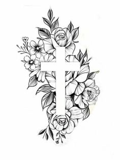 a cross with flowers and leaves on the side, as well as an arrow tattoo design