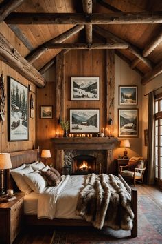 a bedroom with wood paneling, fireplace and pictures on the wall above the bed