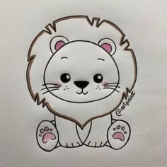 a drawing of a lion sitting on top of a white sheet with pink paws and eyes