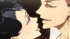 an anime scene with two people kissing and the words written in chinese are also english