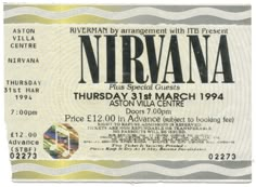 an old ticket for nirvana with the words nirvana on it