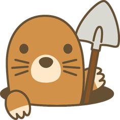 an animal with a shovel laying on the ground next to it's paw and head