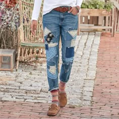 Straight Leg, Boyfriend-Cut Jeans In A Faded Wash With A Front Patches. 100% Machine Washable Cotton. 27" Inseam, 10-1/4" Rise, 12-3/4" Leg Opening. Cheap Recycled Denim Jeans With Five Pockets, Patching Holey Jeans, Make Jeans Longer With Inserts, Heming Jeans Tutorials, Patchwork Jeans For Women, Mending Kids Jeans, Boho Patch Pants, Rattoppo Jeans, Shorting Jeans