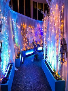 a room filled with lots of lights and plants in blue planters next to each other