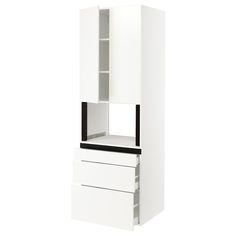 a tall white cabinet with two drawers and a black handle on the bottom one drawer is open