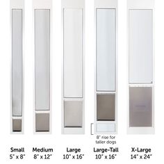 four different sizes and shapes of tall glass cabinet doors, with measurements for each door