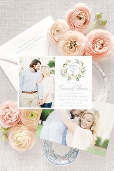 the wedding stationery is laid out on top of an envelope with flowers and photos