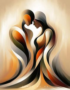 an abstract painting of two people embracing each other