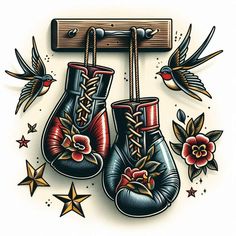 a pair of boxing gloves hanging from a hook with stars and birds around it on a white background