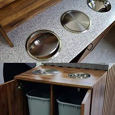 there are two different pictures of the same dog bowl and litter box in this kitchen