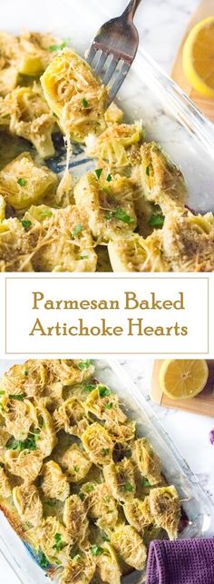 two pictures of baked artichoke hearts with orange slices