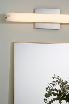 a bathroom mirror with a plant in front of it and a light on the wall