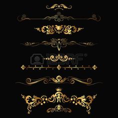 set of vintage gold ornaments on black background