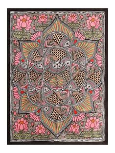 an intricately designed wall hanging with pink flowers and leaves on the bottom half of it