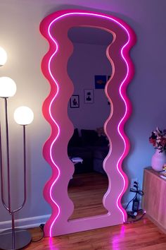 Pink home decor. Wavy mirror. LED mirror. Beauty room inspo. Maximalist decor. Mirror Maximalist, Apartment Aesthetic Led, Espejos Aesthetic, Funky Apartment Decor, Chill Apartment Vibes, Living Room Decor Colorful, Warm Apartment Aesthetic, Chill Apartment, Funky Apartment