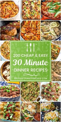 the 30 minute dinner recipe collage is shown in green and white, with images of different