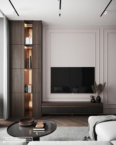 a modern living room with white walls and dark wood furniture