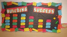 a bulletin board that says building success with legos on the front and back wall