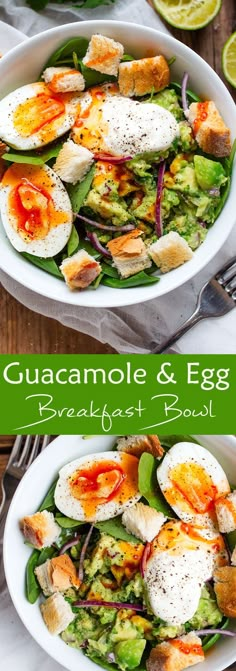 two bowls filled with eggs and vegetables on top of a table