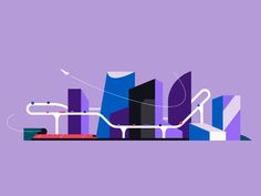 an abstract cityscape in purple and blue