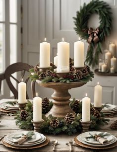 a christmas table setting with candles and pine cones