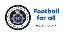 football for all logo with the police badge in blue and white on top of it