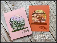 two cards with trees on them and the words stampin'up frosted forest bundle