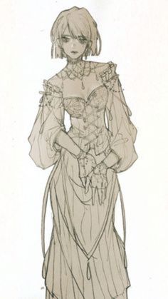 a drawing of a woman in a dress with long sleeves and laces on it