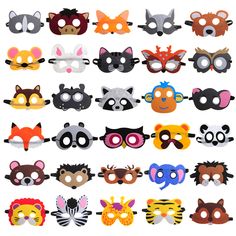 many masks with different animals on them are shown in various colors and sizes, including black, white, red, blue, orange