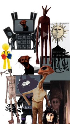 a collage of photos with different types of people and animals in them, including an alien