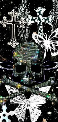 a skull and cross on a black background with glitters in the shape of stars