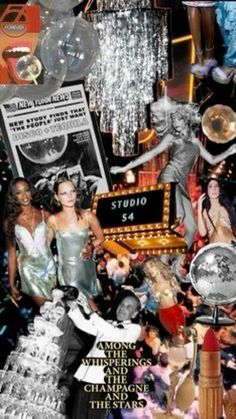 a collage of various items and people in front of a sign that says studio 54