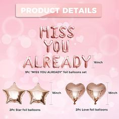 the product details for kiss you already balloons are shown in pink and gold, with hearts on them