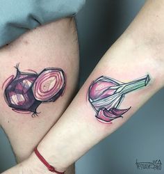 two people with matching tattoos on their legs