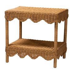 a wicker shelf with scalloped edges on the bottom and one shelf below