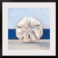 a painting of a sand dollar on the beach with blue water in the back ground