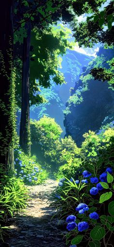 a painting of blue flowers and trees on a path in the middle of a forest