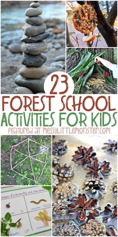 several different pictures with the words forest school activities for kids written on them, including rocks and leaves