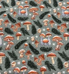 an image of mushrooms and pine needles on grey fabric with snowflakes in the background