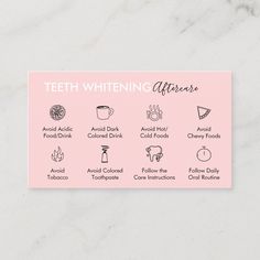 Teeth Whitening Aftercare Tips Instruction Guides Business Card Size: ' ', 3.5" x 2.0". Color: Standard Semi-Gloss. Gender: unisex. Age Group: adult. Teeth Whitening After Care Instructions, Teeth Whitening Business Names, Teeth Whitening Before And After, Teeth Whitening Aesthetic, Whitening Teeth, Teeth Whitening Business, Teeth Quotes, Teeth Whitening Professional, Dental Business