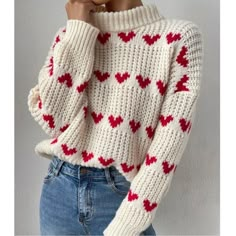 Cozy Heart Print Turtleneck Knit Oversized Sweater Xs S M L Xl, 100% Polyester, Ships In 7-8 Days White Heart Print Sweater For Winter, White Heart Sweater For Winter, Cute Knitted Acrylic Tops, Cute Heart Print Winter Sweater, Cute Winter Sweater With Heart Print, Casual Heart-shaped Winter Sweater, Casual Heart-shaped Sweater For Winter, Cute Oversized Chunky Knit Sweater, Trendy Heart Print Sweater For Winter