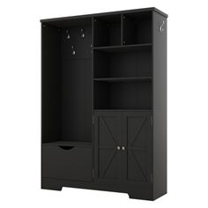 an open bookcase with doors and drawers on the bottom shelf, in black painted wood