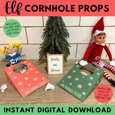 elf cornhole props for christmas with instructions on how to set up the cornhole prop