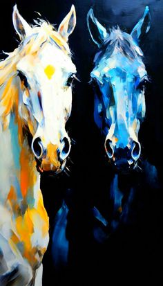 two horses standing next to each other in front of a black background with blue and yellow colors