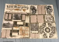 an open book with pictures and words on it that says lan murpry in cursive writing