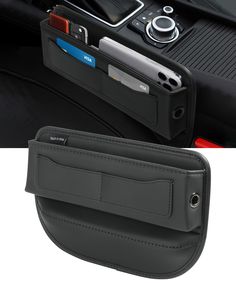 there is a cell phone and wallet in the holder on the car seat, next to it's belt