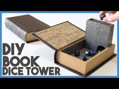 an open book with dice in it and the words diy book dice tower inside