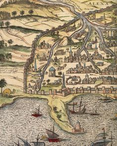 an old map with ships in the water and buildings on land around it, as well as other boats